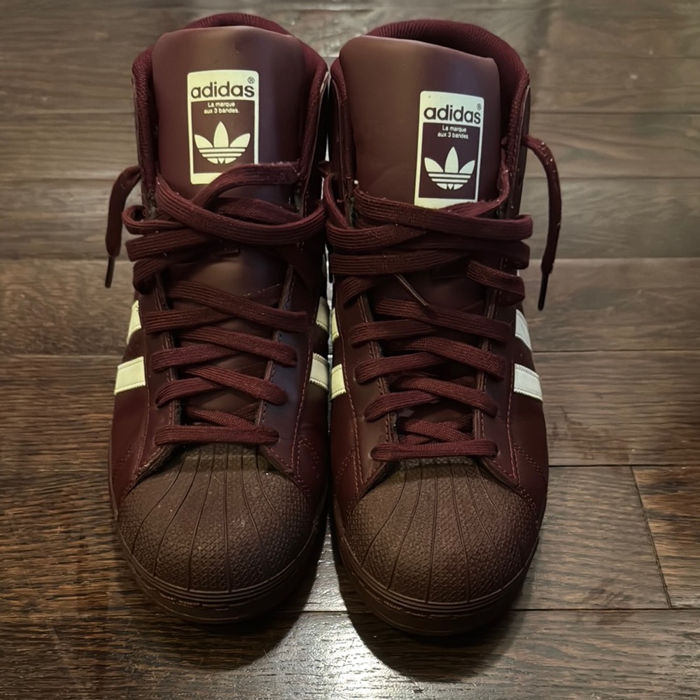 Adidas Maroon High-Top Sneakers with White Stripes -Maroon Sz 10.5